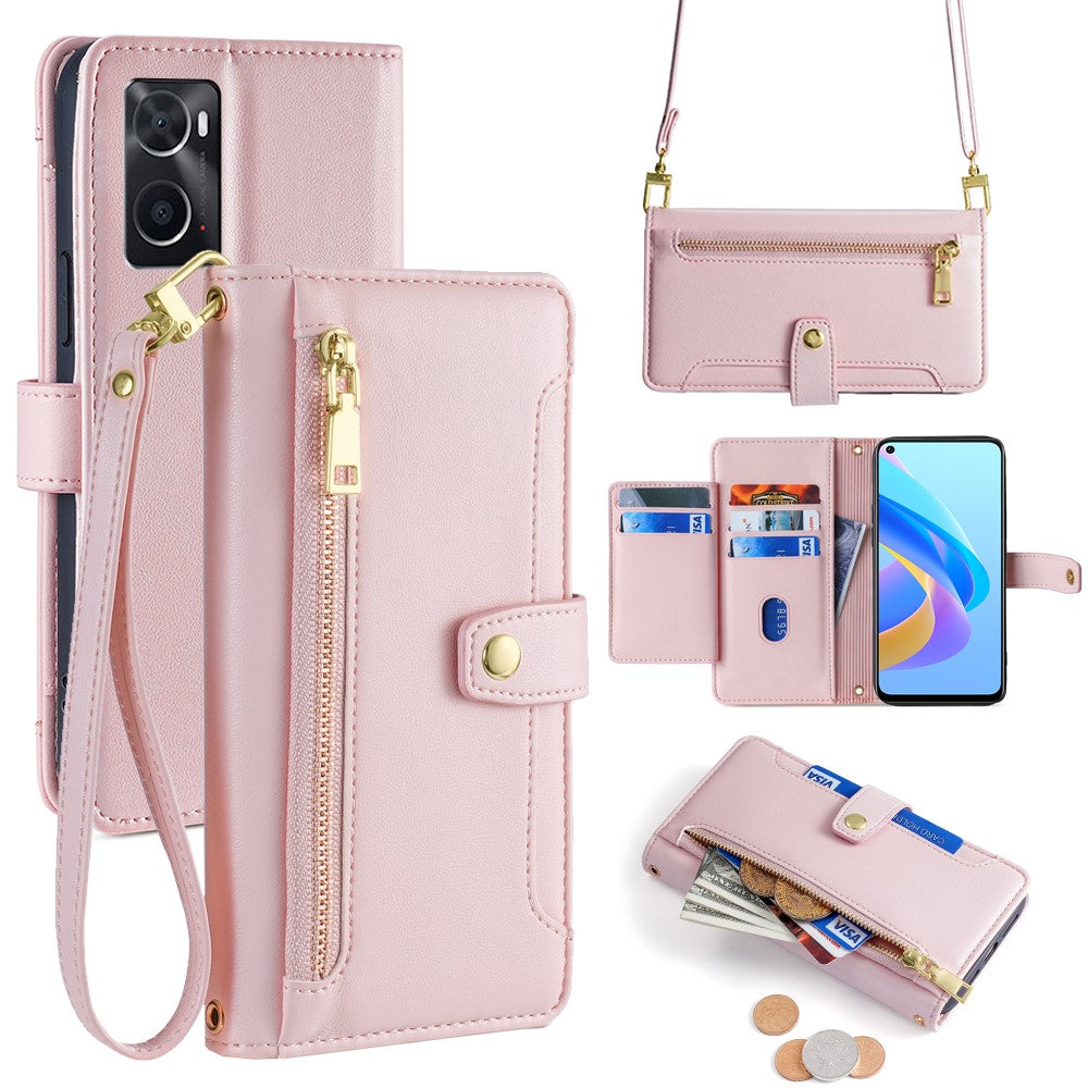 For Oppo A36 Case Zipper Pocket Leather Wallet Drop Protection Phone Cover with 2 Straps