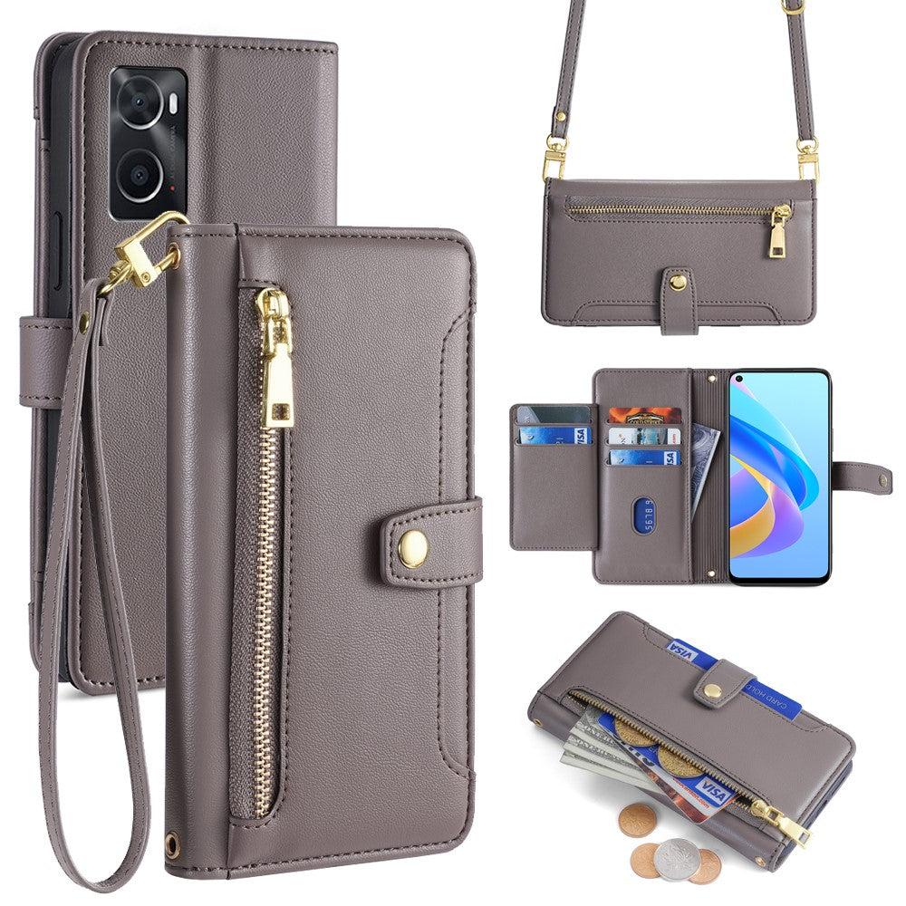 For Oppo A36 Case Zipper Pocket Leather Wallet Drop Protection Phone Cover with 2 Straps