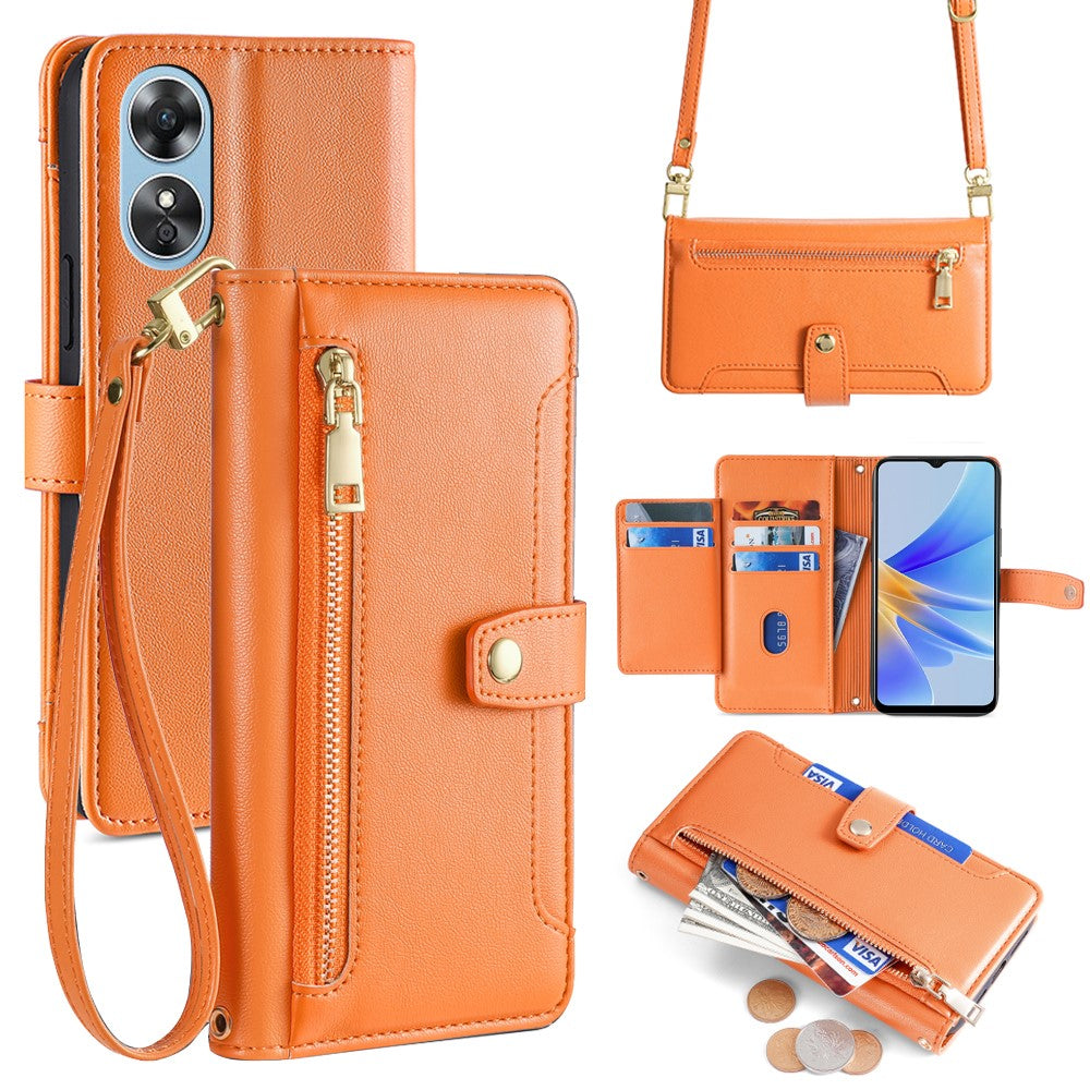 For Oppo A17 4G Case Zipper Pocket Leather Mobile Phone Drop-proof Cover with 2 Straps