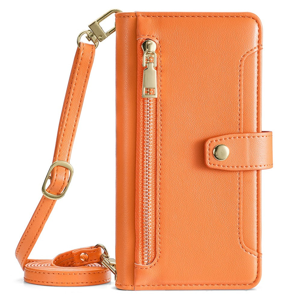 For Oppo A17 4G Case Zipper Pocket Leather Mobile Phone Drop-proof Cover with 2 Straps