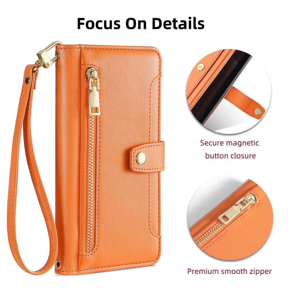 For Oppo A17 4G Case Zipper Pocket Leather Mobile Phone Drop-proof Cover with 2 Straps
