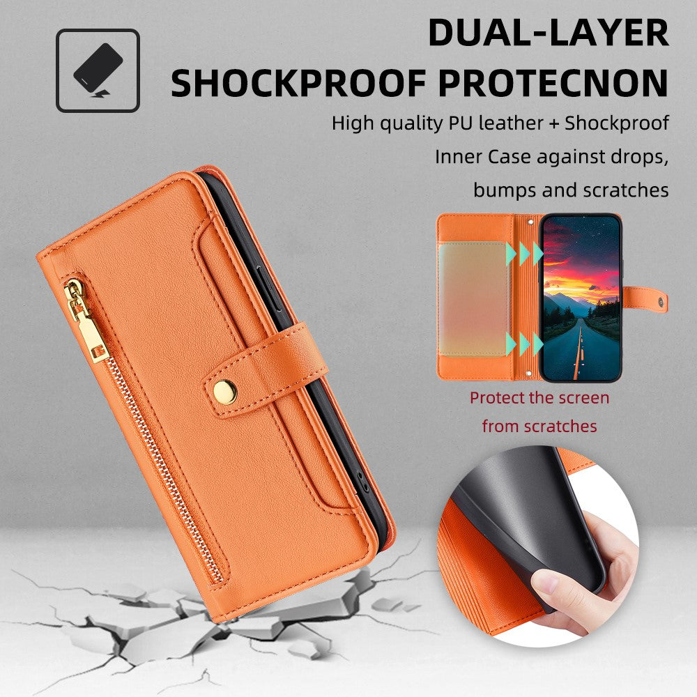 For Oppo A17 4G Case Zipper Pocket Leather Mobile Phone Drop-proof Cover with 2 Straps