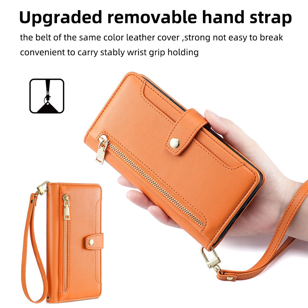 For Oppo A17 4G Case Zipper Pocket Leather Mobile Phone Drop-proof Cover with 2 Straps