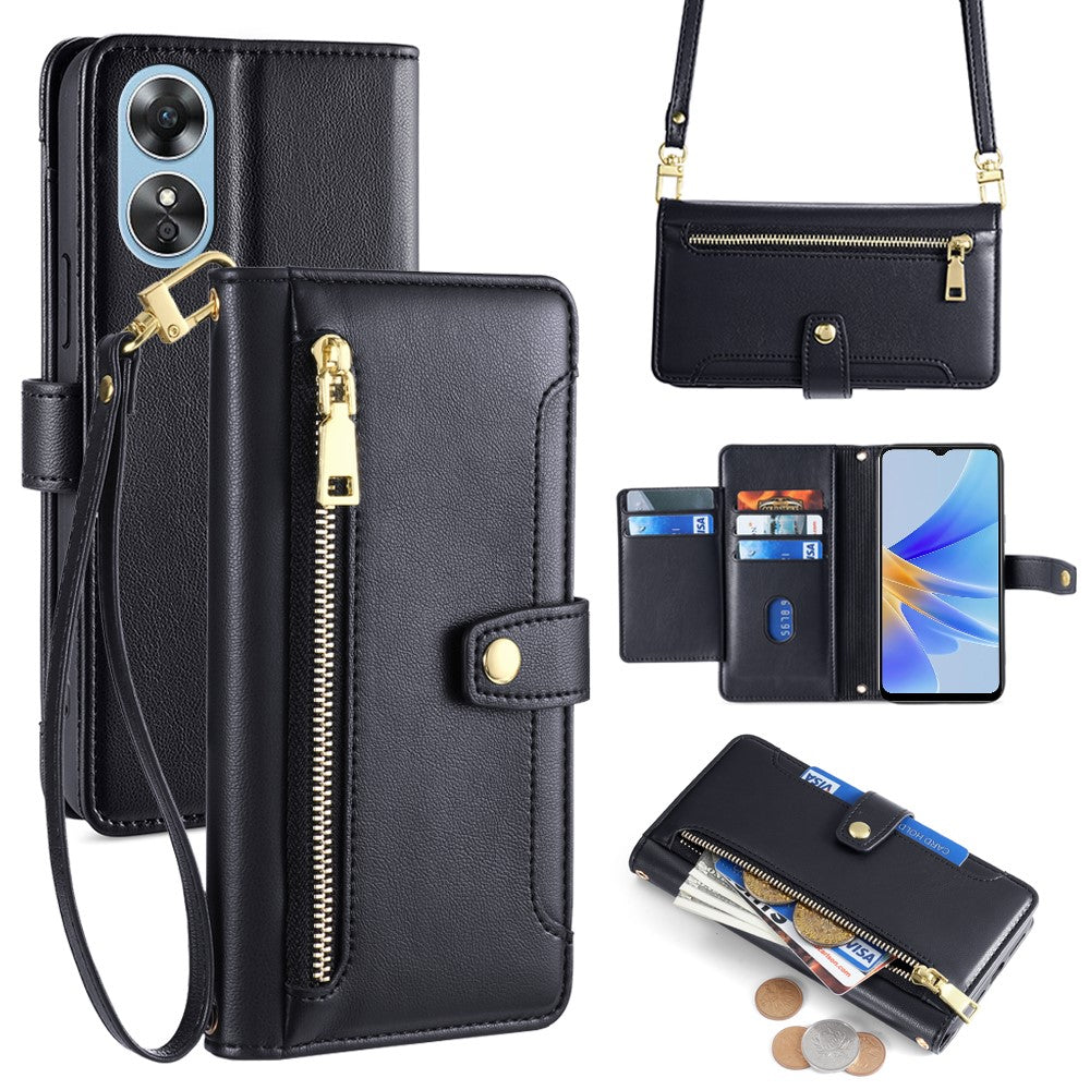 For Oppo A17 4G Case Zipper Pocket Leather Mobile Phone Drop-proof Cover with 2 Straps