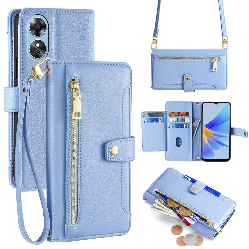 For Oppo A17 4G Case Zipper Pocket Leather Mobile Phone Drop-proof Cover with 2 Straps