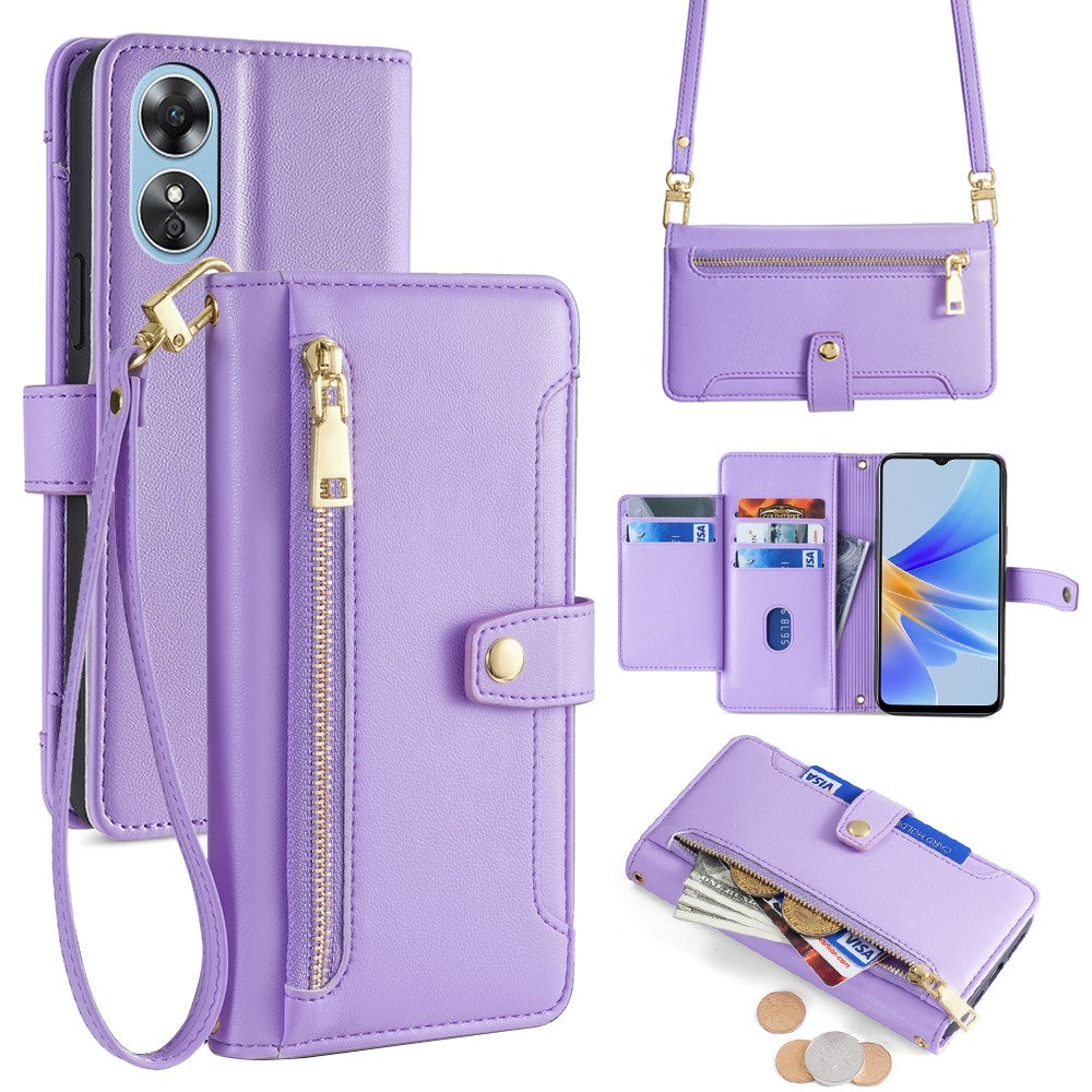 For Oppo A17 4G Case Zipper Pocket Leather Mobile Phone Drop-proof Cover with 2 Straps