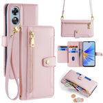 For Oppo A17 4G Case Zipper Pocket Leather Mobile Phone Drop-proof Cover with 2 Straps