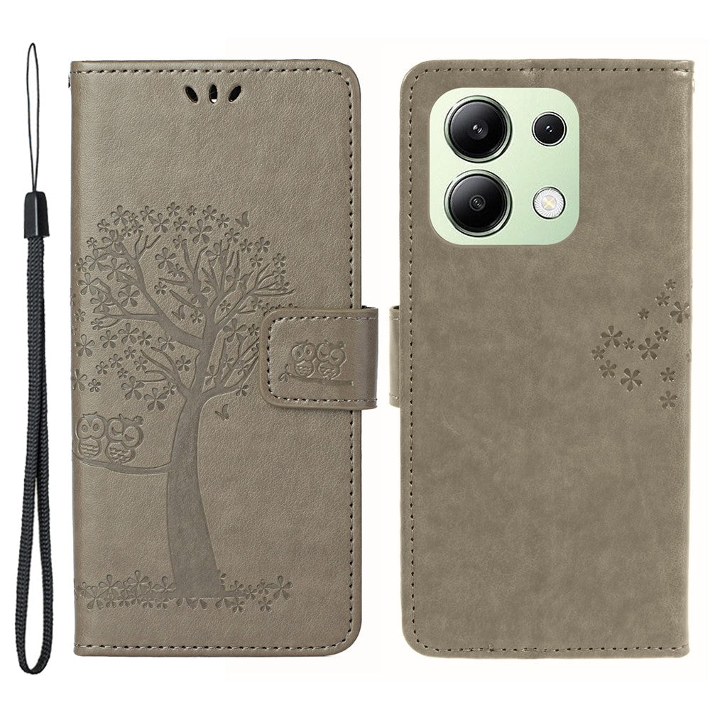 Xiaomi Redmi Note 13 4G Mobilskal Owl Tree Präglat PU Läder Stativfodral