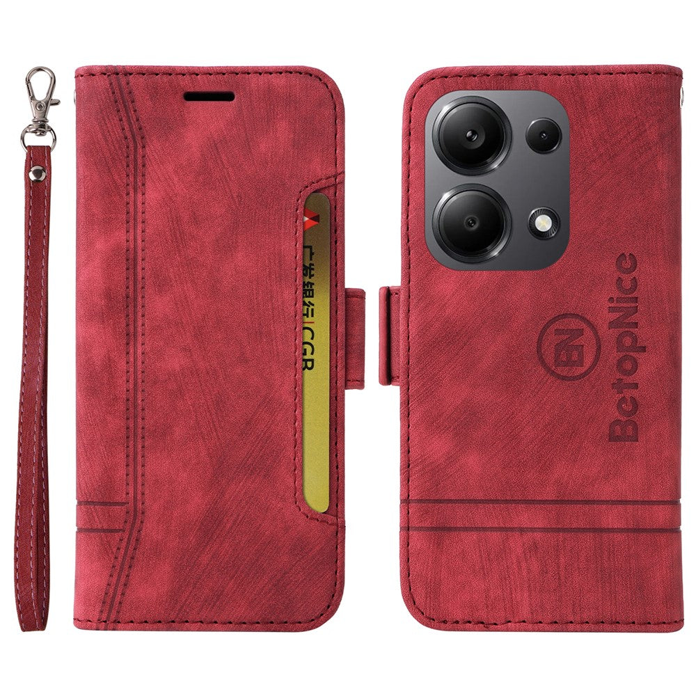 BETOPNICE 001 för Xiaomi Redmi Note 14S 4G / Note 13 Pro 4G / Poco M6 Pro 4G-skal med handrem i läderplånbok