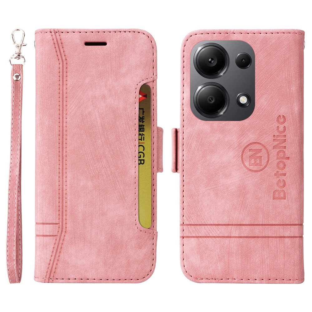 BETOPNICE 001 för Xiaomi Redmi Note 14S 4G / Note 13 Pro 4G / Poco M6 Pro 4G-skal med handrem i läderplånbok