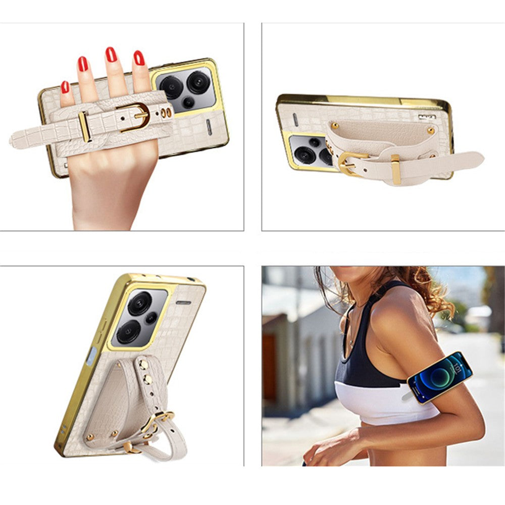 For Xiaomi Redmi Note 13 Pro+ 5G Cell Phone Case Electroplated Leather+TPU Wristband Kickstand Cover
