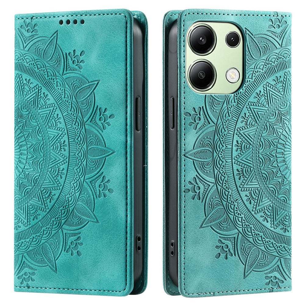 Xiaomi Redmi Note 13 4G-skal i läder med flip-fodral och mandala-mönster.