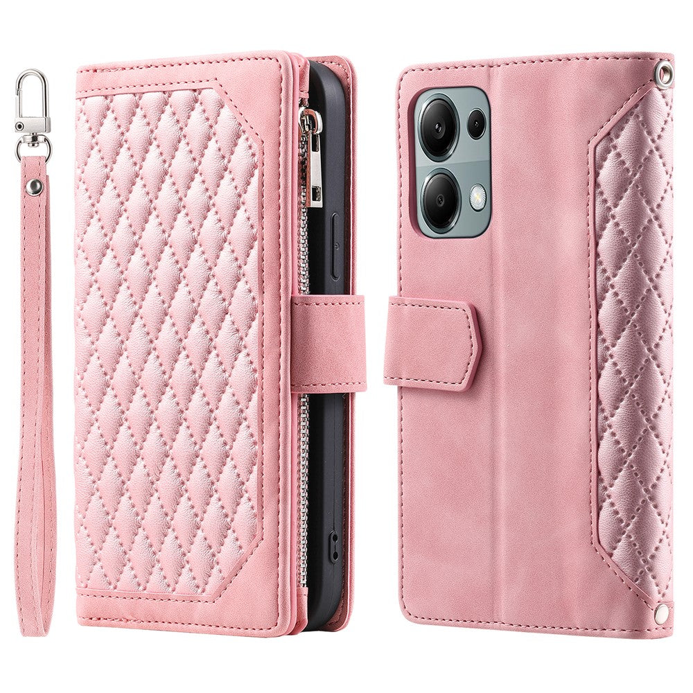 For Xiaomi Redmi Note 13 Pro 4G / Poco M6 Pro 4G Case Zipper Pocket Leather Phone Cover with Wrist Strap