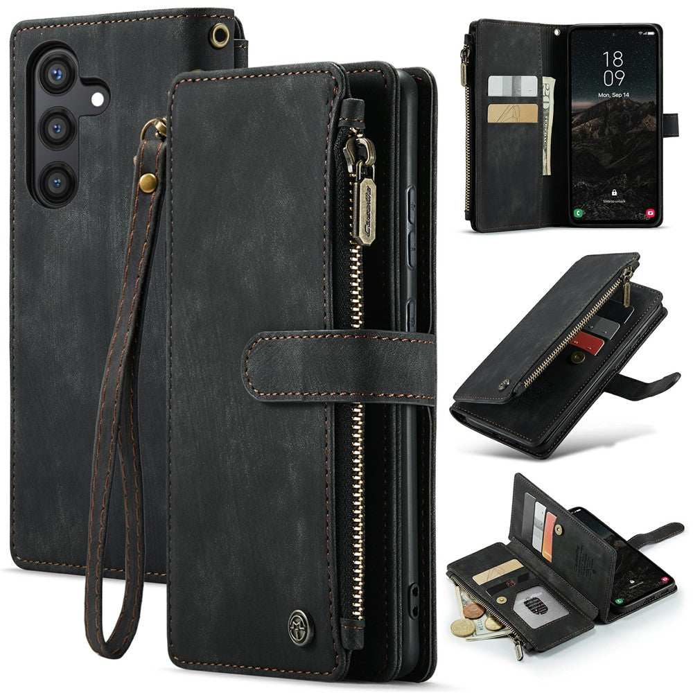 For Samsung Galaxy S24 Phone Cases with Strap CASEME C30 Zipper Multiple Card Holder PU Leather Cover