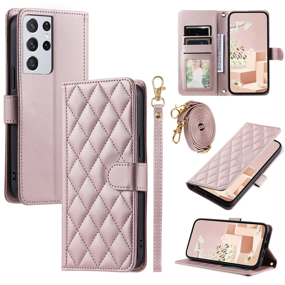 For Samsung Galaxy S21 Ultra 5G Wallet Case Leather Stand Cover Rhombus Grid