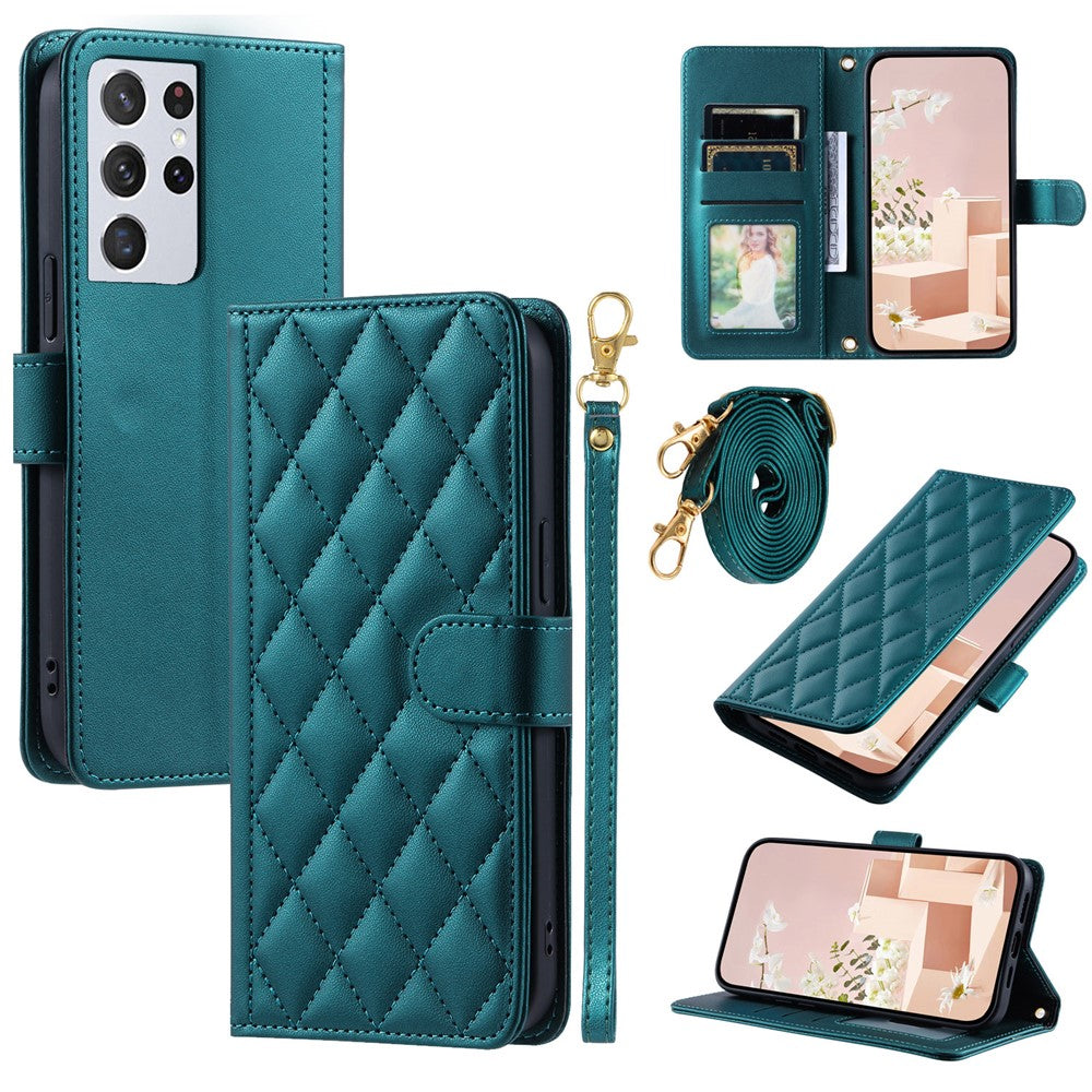 For Samsung Galaxy S21 Ultra 5G Wallet Case Leather Stand Cover Rhombus Grid