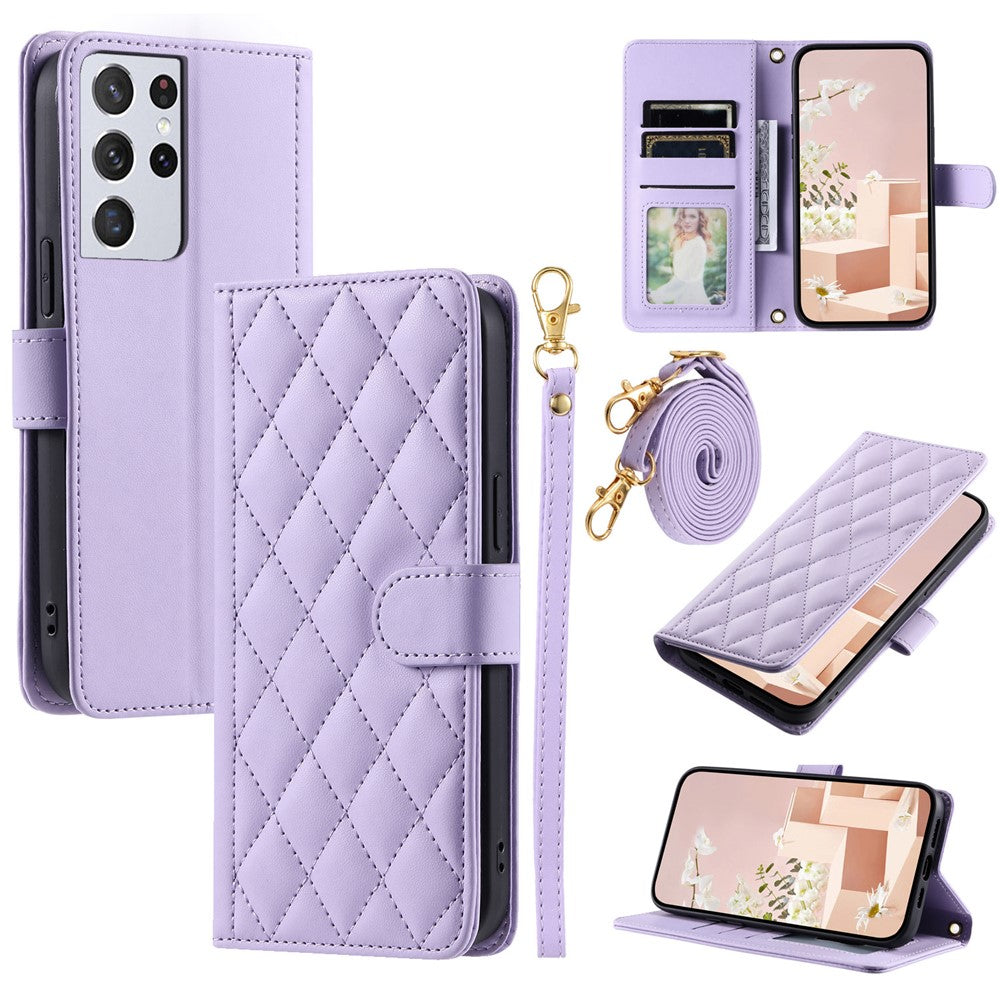 For Samsung Galaxy S21 Ultra 5G Wallet Case Leather Stand Cover Rhombus Grid