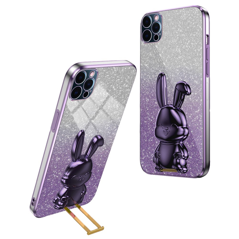 For iPhone 12 Pro Electroplating Rabbit Drop-proof Case Pull-out Kickstand Phone Cover