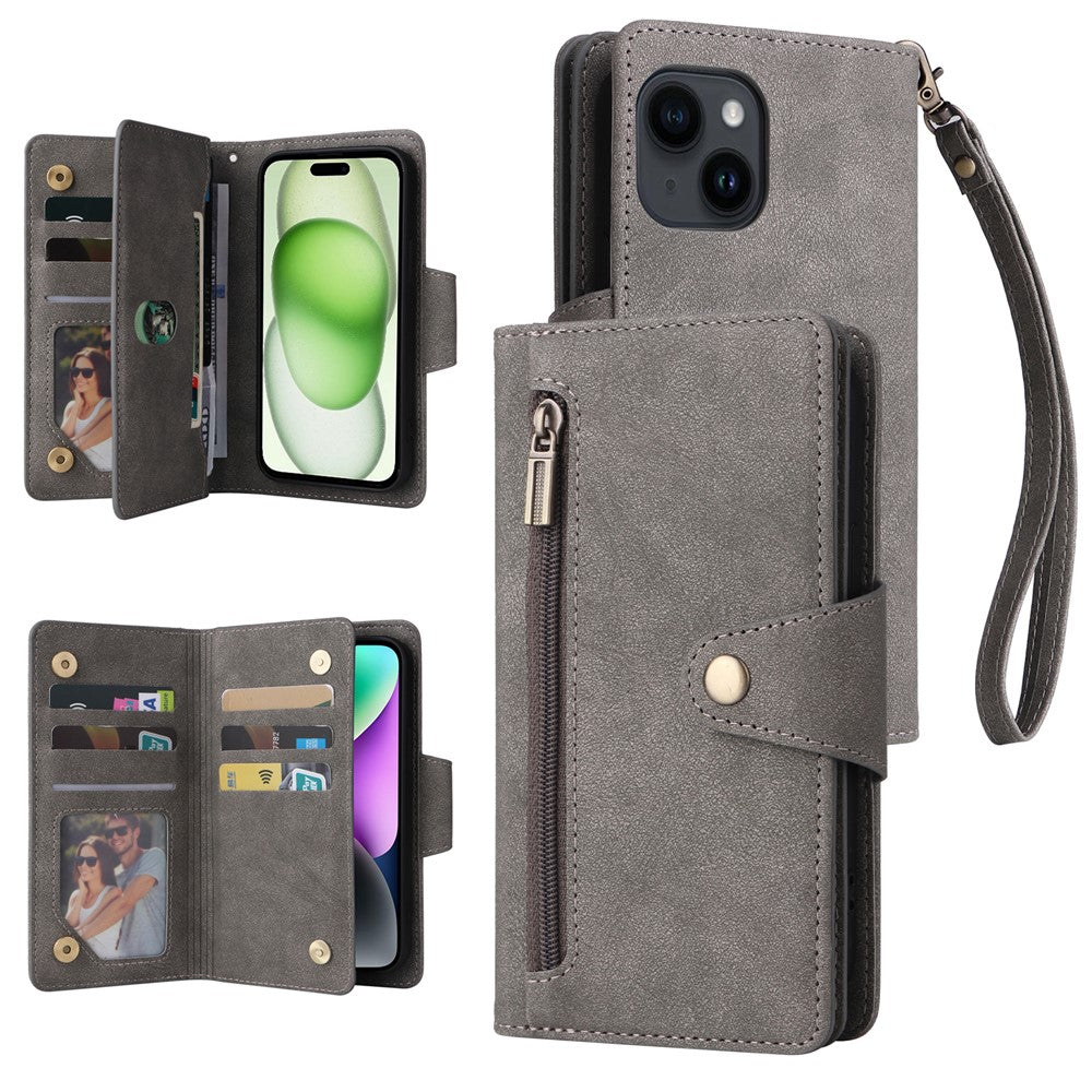 Til iPhone 15 Plus Pung Nitteudsmykning PU Lædercover Stander Telefoncover