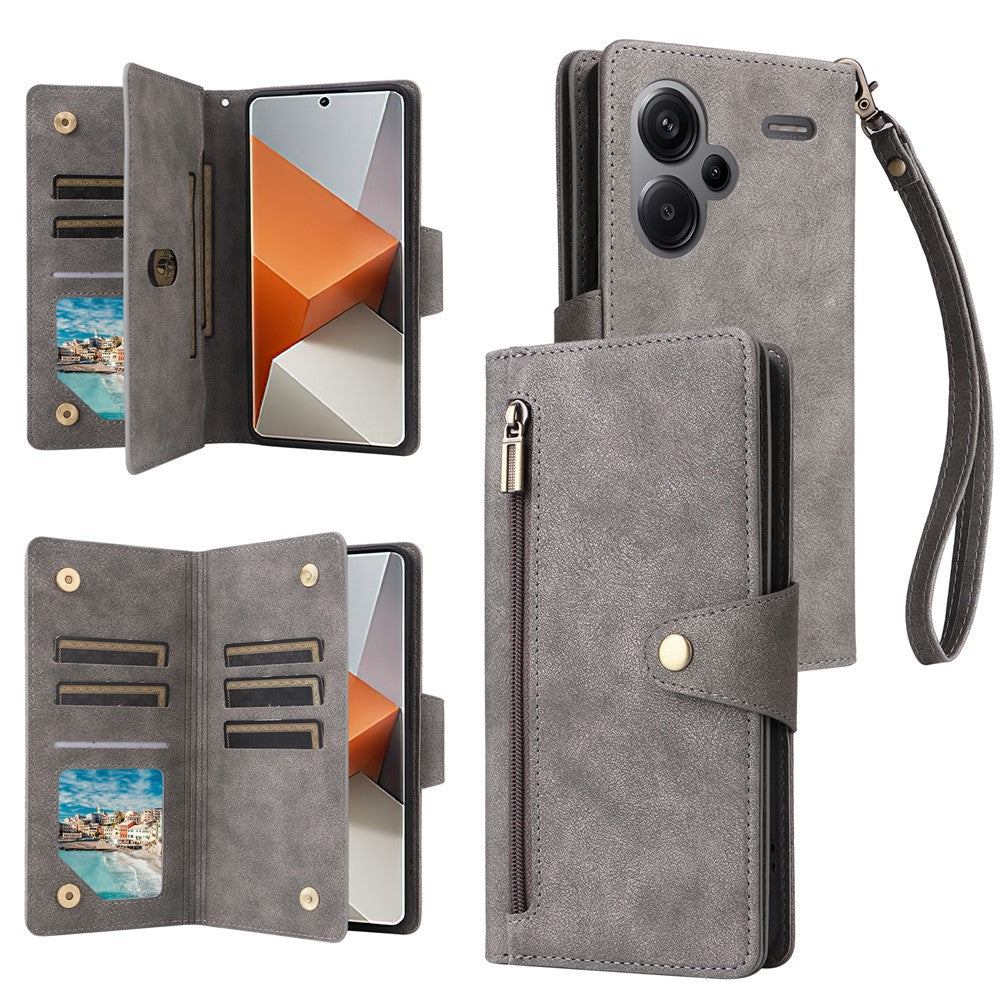 For Xiaomi Redmi Note 13 Pro+ 5G Case Rivet Decor PU Leather Wrist Strap Phone Cover