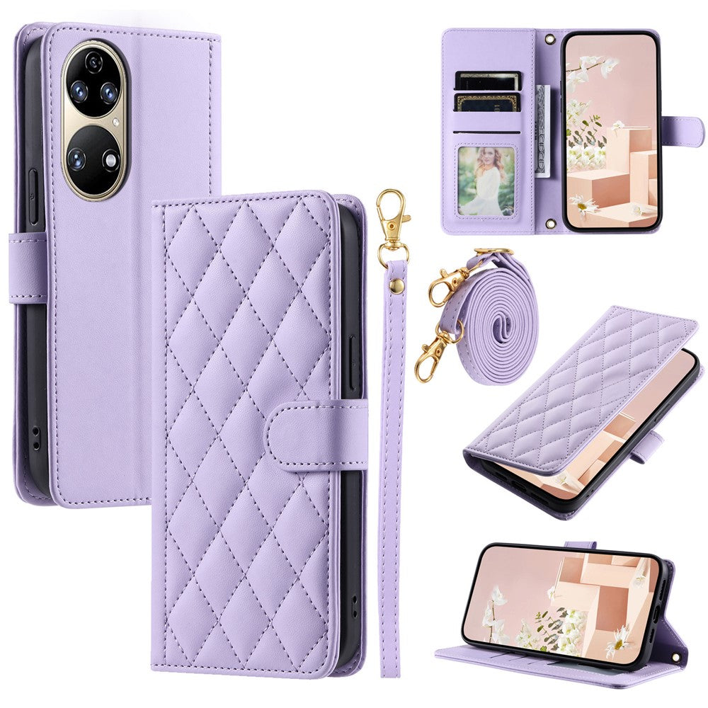 For Huawei P50 Pro 4G Case Rhombus Grid Crossbody Leather Phone Cover with Wallet