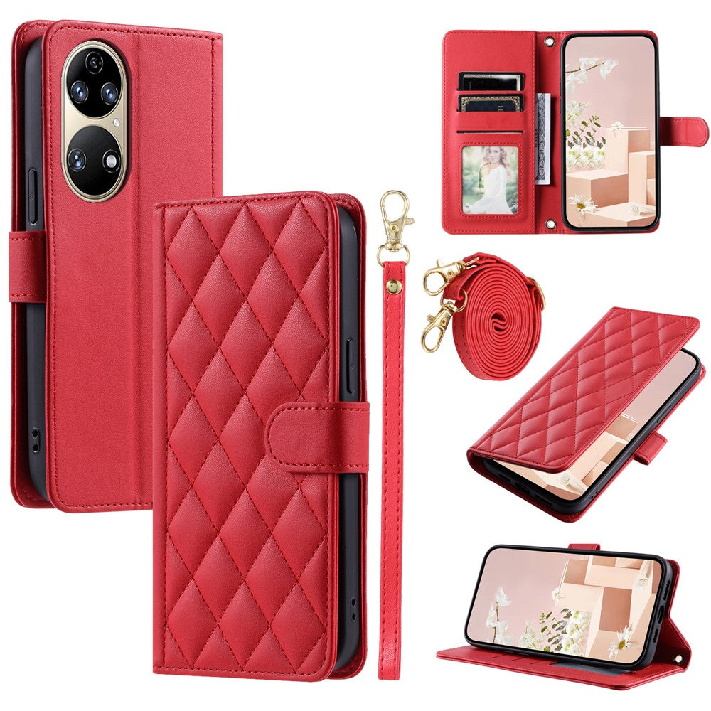 For Huawei P50 Pro 4G Case Rhombus Grid Crossbody Leather Phone Cover with Wallet