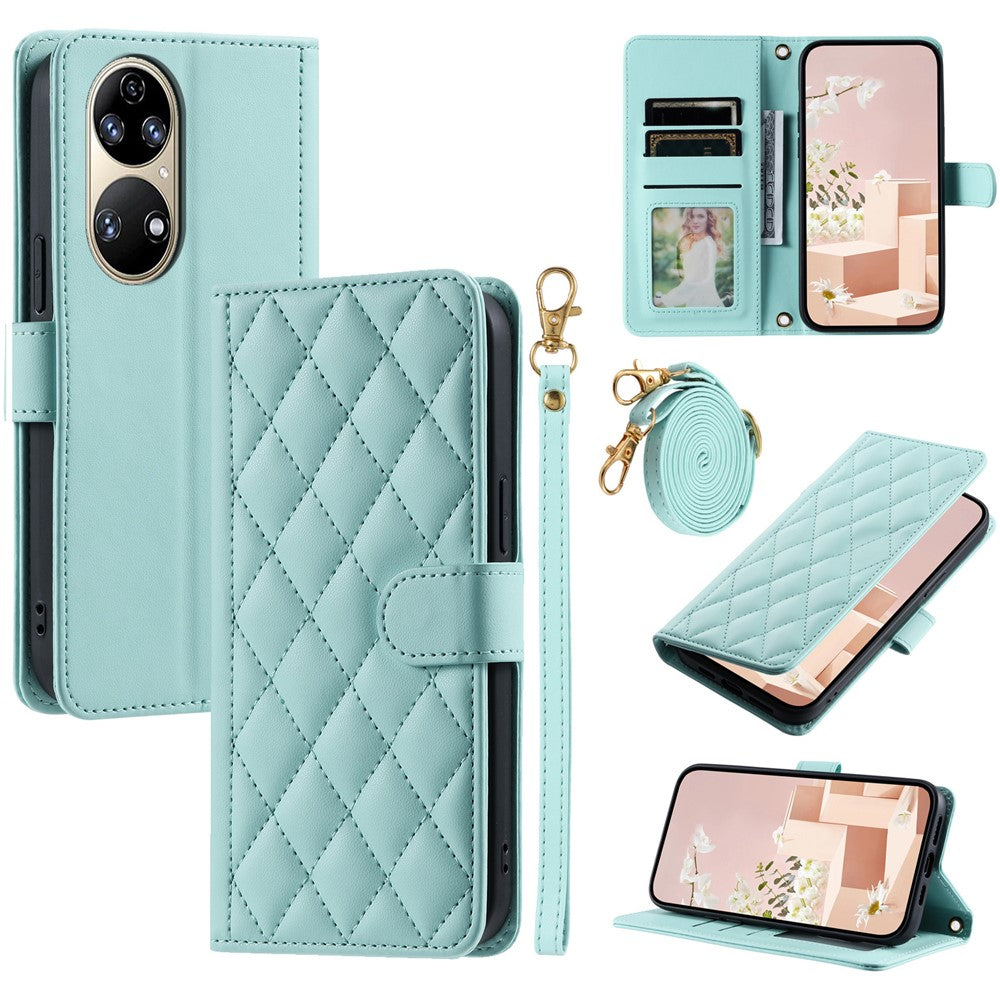 For Huawei P50 Pro 4G Case Rhombus Grid Crossbody Leather Phone Cover with Wallet