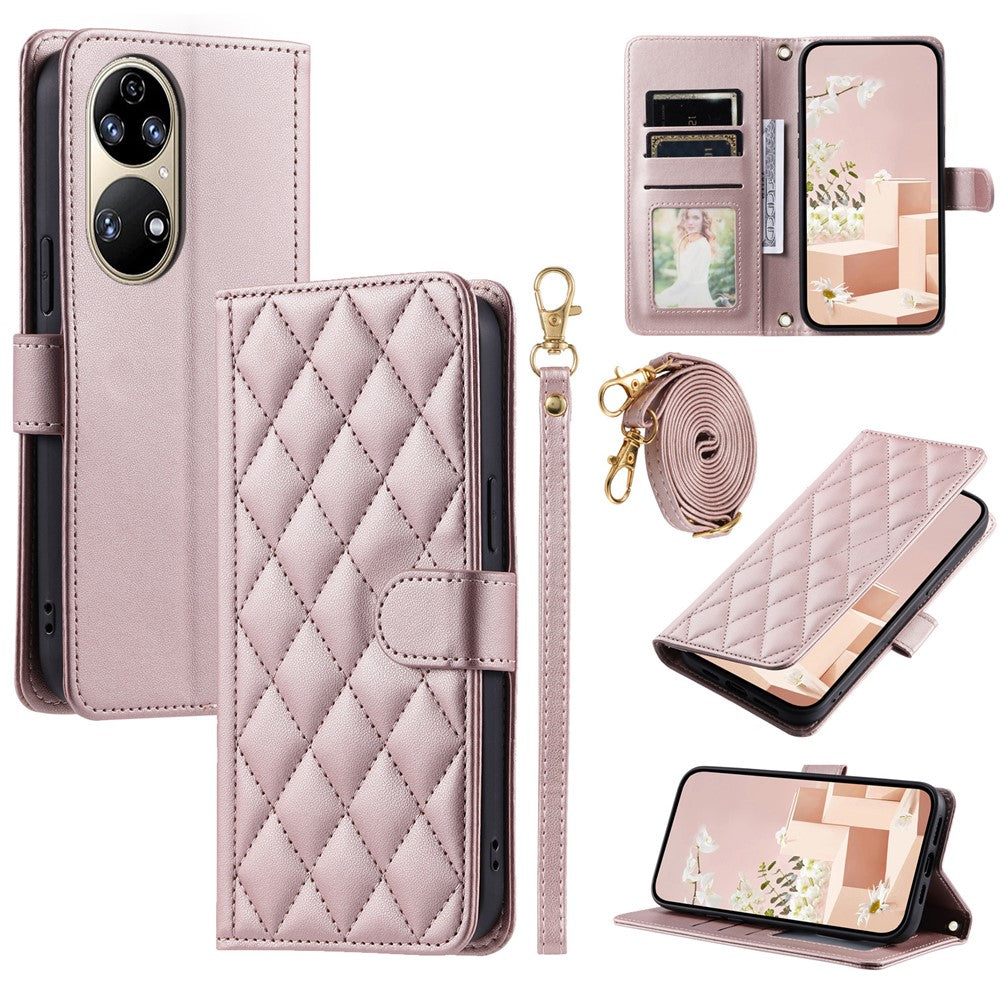 For Huawei P50 Pro 4G Case Rhombus Grid Crossbody Leather Phone Cover with Wallet