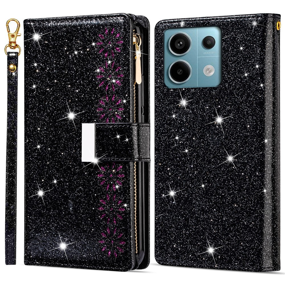 Xiaomi Redmi Note 13 5G-skal med dragkedja, plånbok i PU-läder, glitter, mobilskal