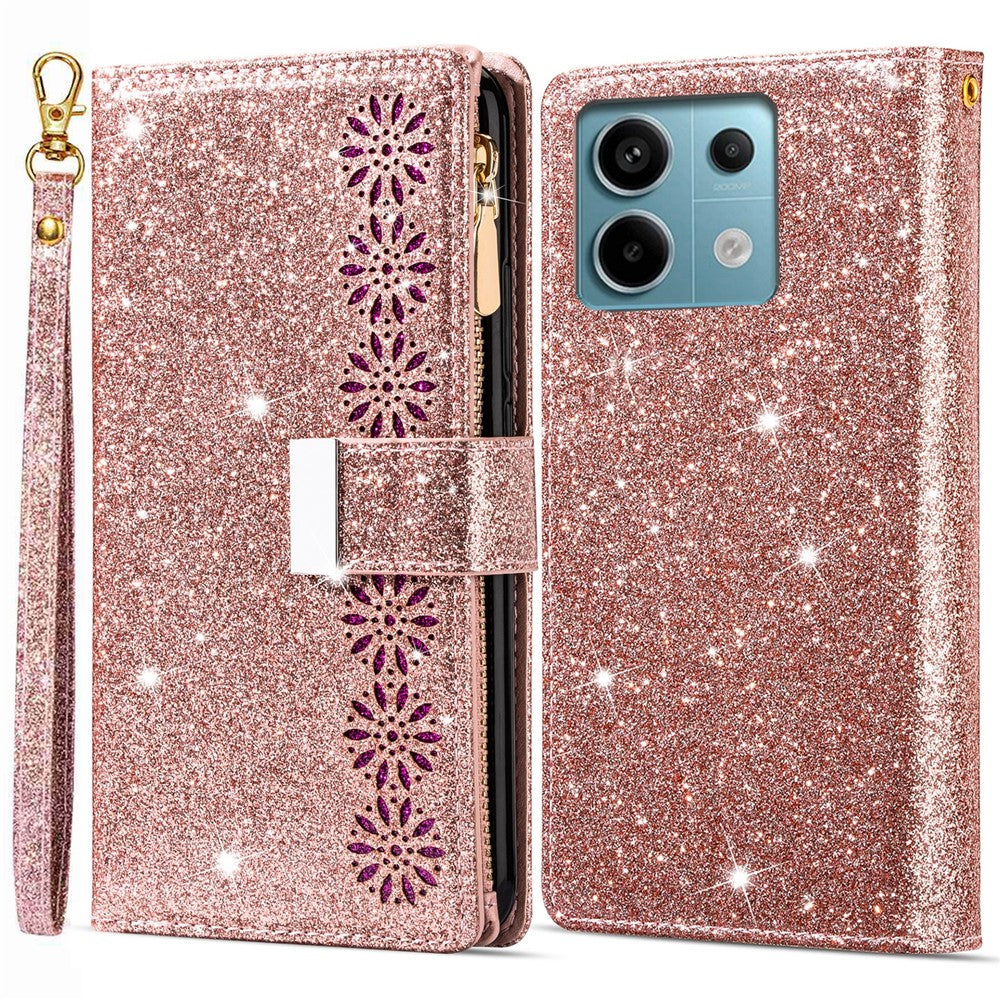 Xiaomi Redmi Note 13 5G-skal med dragkedja, plånbok i PU-läder, glitter, mobilskal