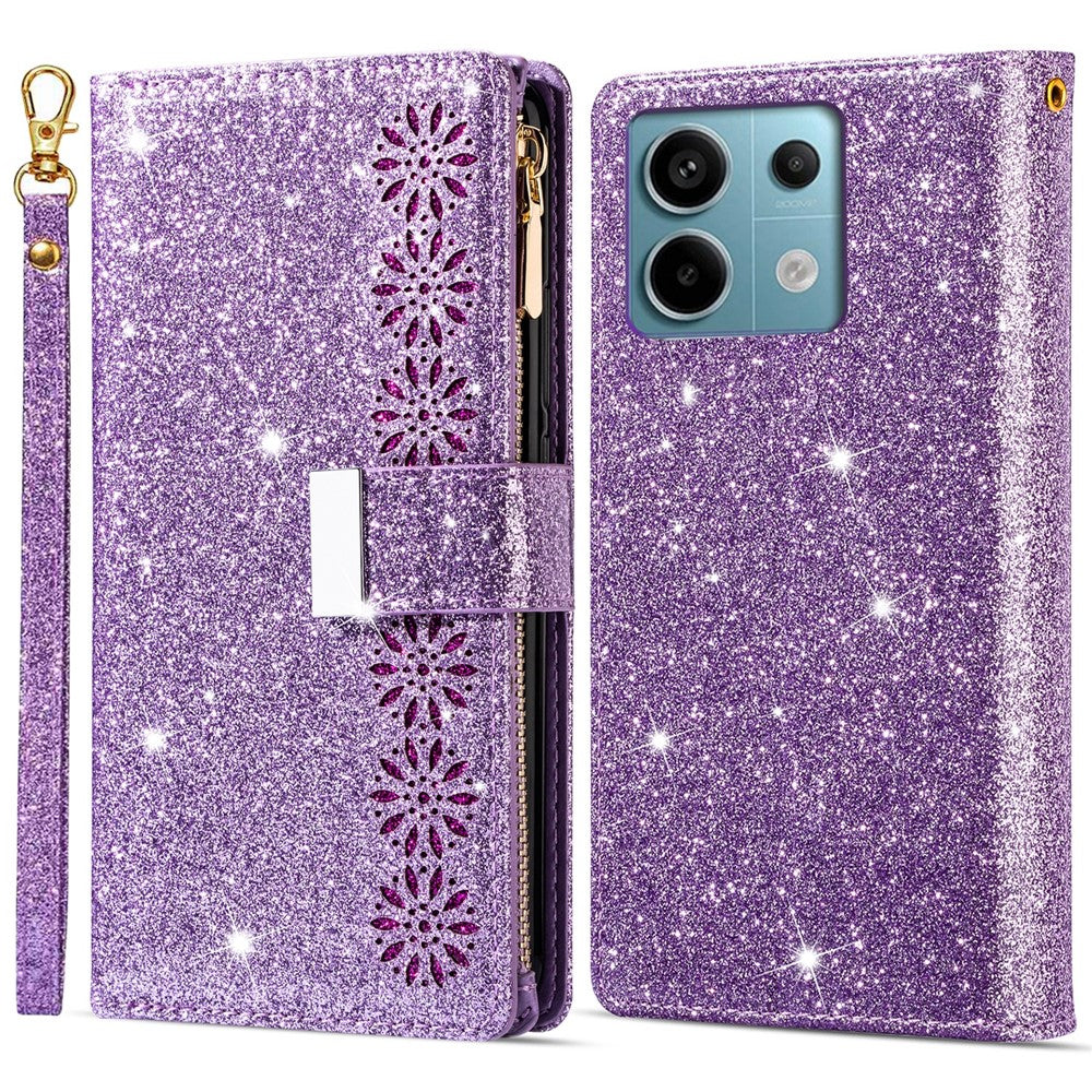 Xiaomi Redmi Note 13 5G-skal med dragkedja, plånbok i PU-läder, glitter, mobilskal