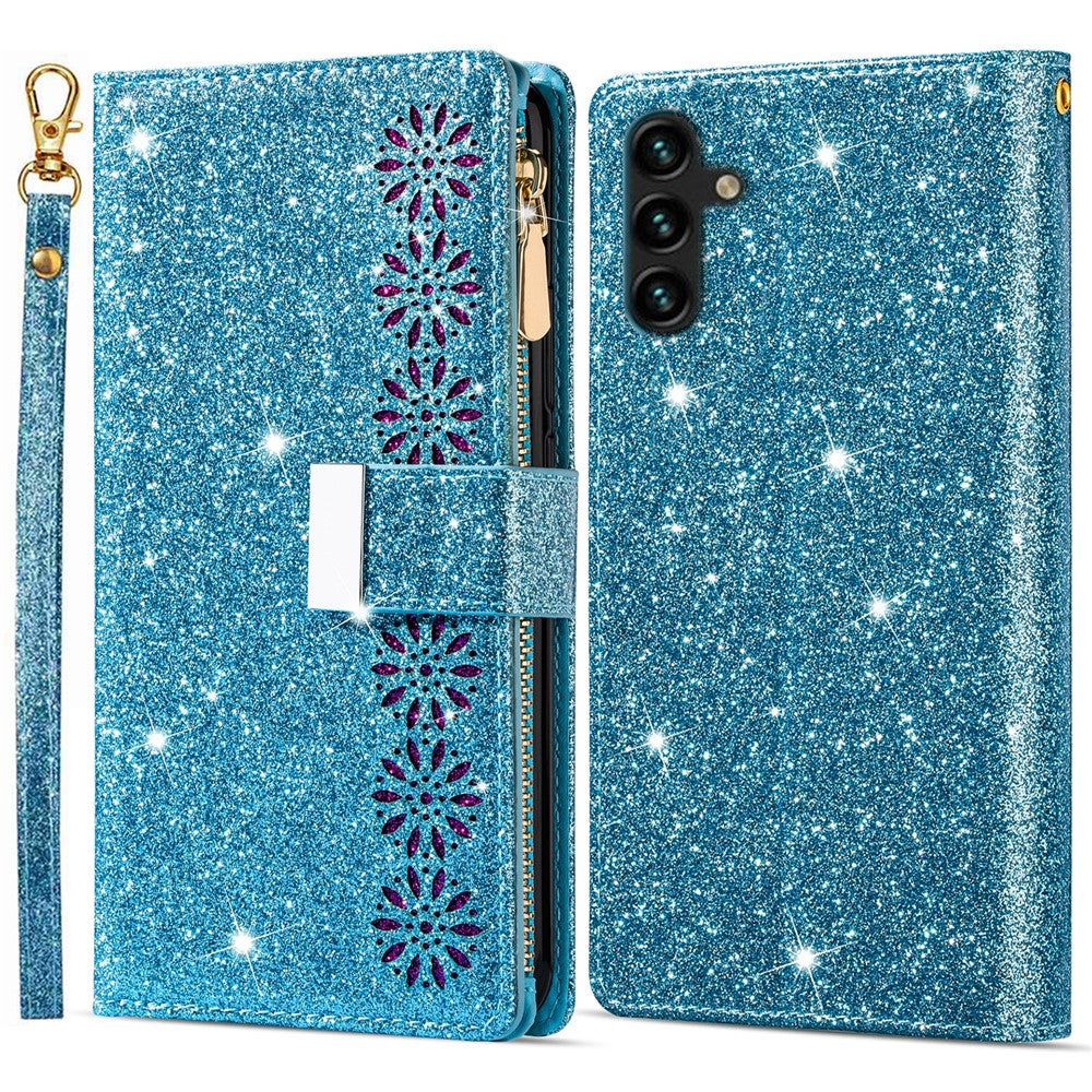 For Samsung Galaxy A15 4G / 5G Case Zipper Pocket PU Leather Wallet Glittery Phone Cover