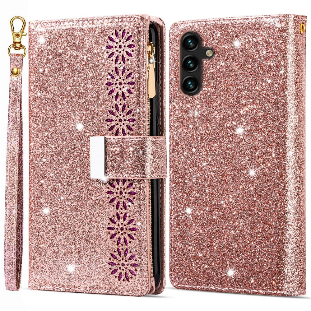 For Samsung Galaxy A15 4G / 5G Case Zipper Pocket PU Leather Wallet Glittery Phone Cover