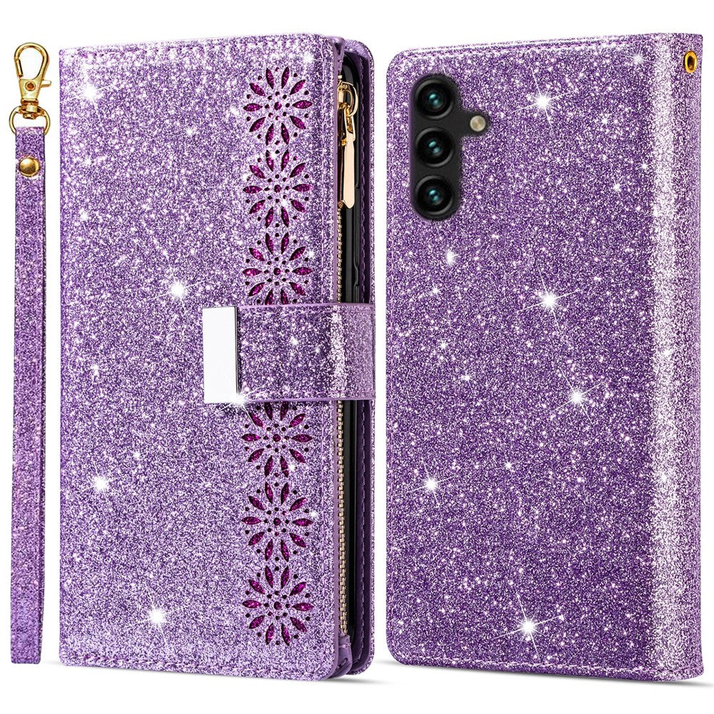 For Samsung Galaxy A15 4G / 5G Case Zipper Pocket PU Leather Wallet Glittery Phone Cover