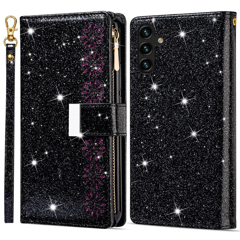 For Samsung Galaxy A15 4G / 5G Case Zipper Pocket PU Leather Wallet Glittery Phone Cover