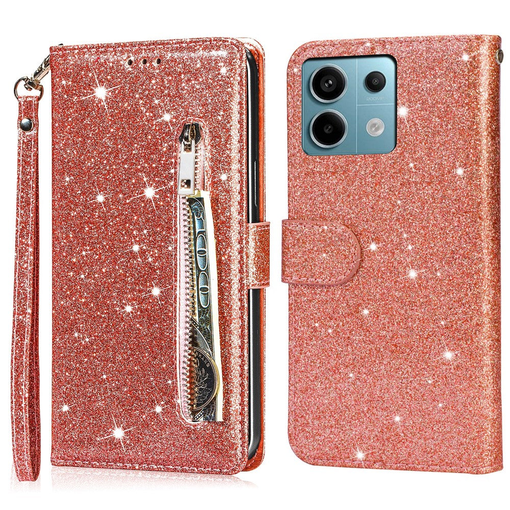 For Xiaomi Redmi Note 13 5G Case Stand Glitter Phone Leather Cover Zipper Pocket
