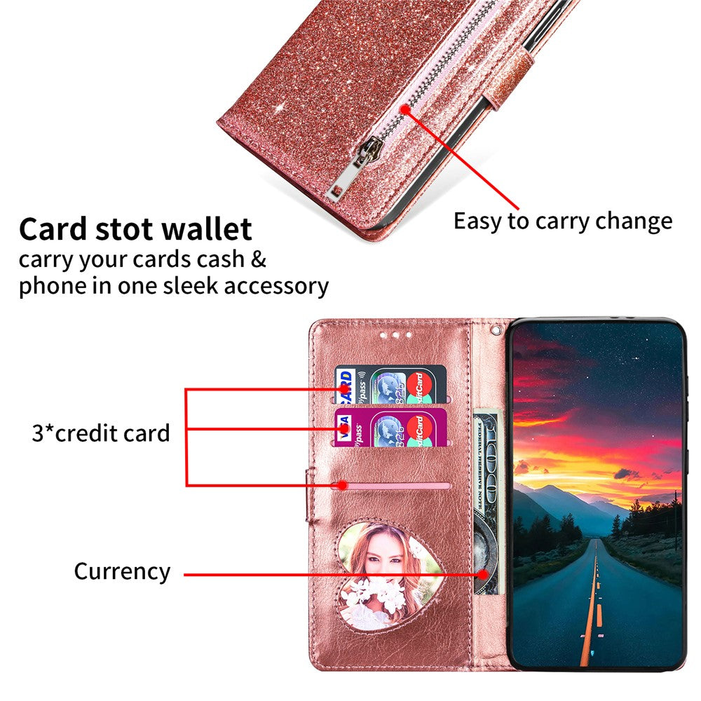 For Xiaomi Redmi Note 13 5G Case Stand Glitter Phone Leather Cover Zipper Pocket