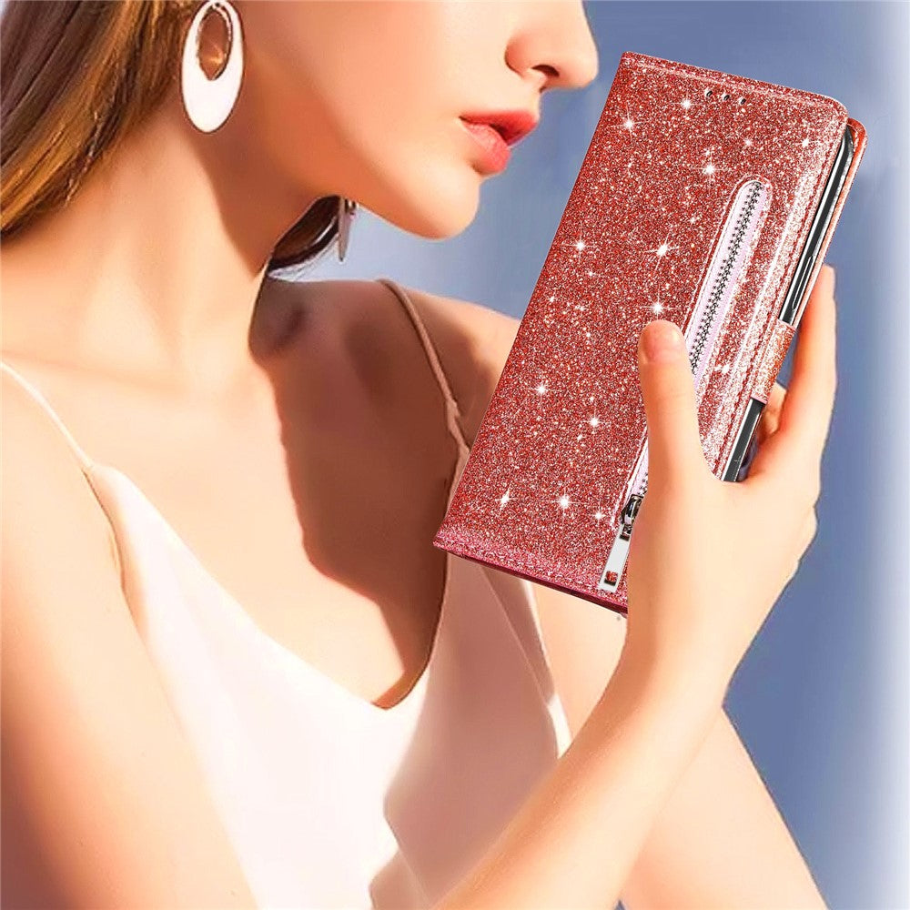 For Xiaomi Redmi Note 13 5G Case Stand Glitter Phone Leather Cover Zipper Pocket