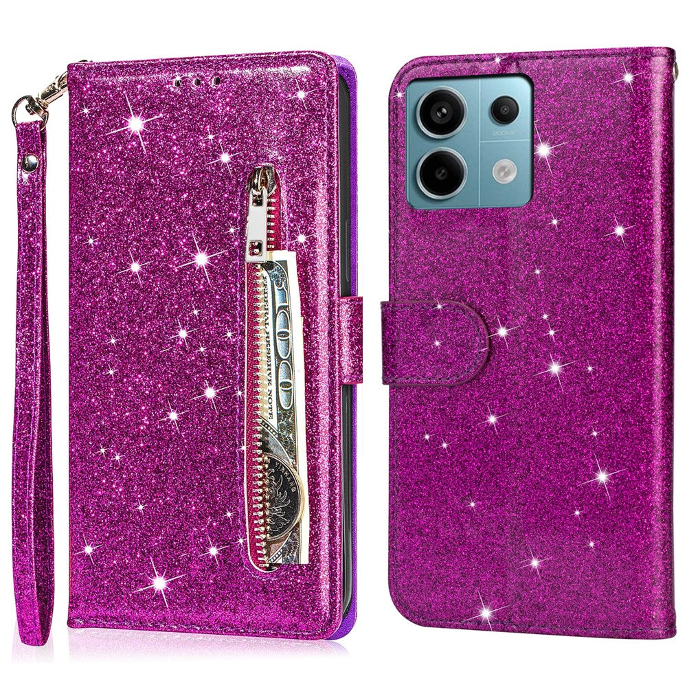 For Xiaomi Redmi Note 13 5G Case Stand Glitter Phone Leather Cover Zipper Pocket