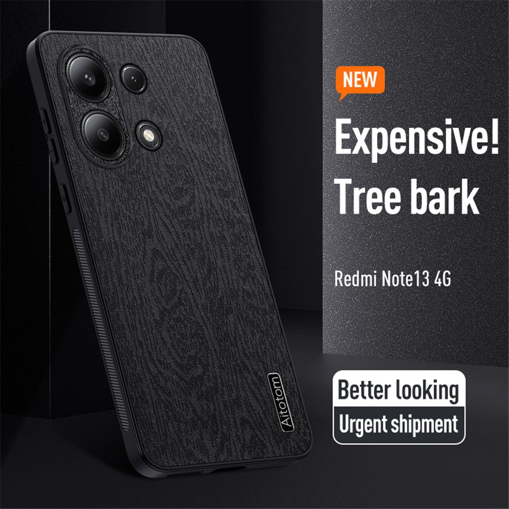 For Xiaomi Redmi Note 13 4G Case Wood Texture Leather Coated PC+TPU Phone Cover