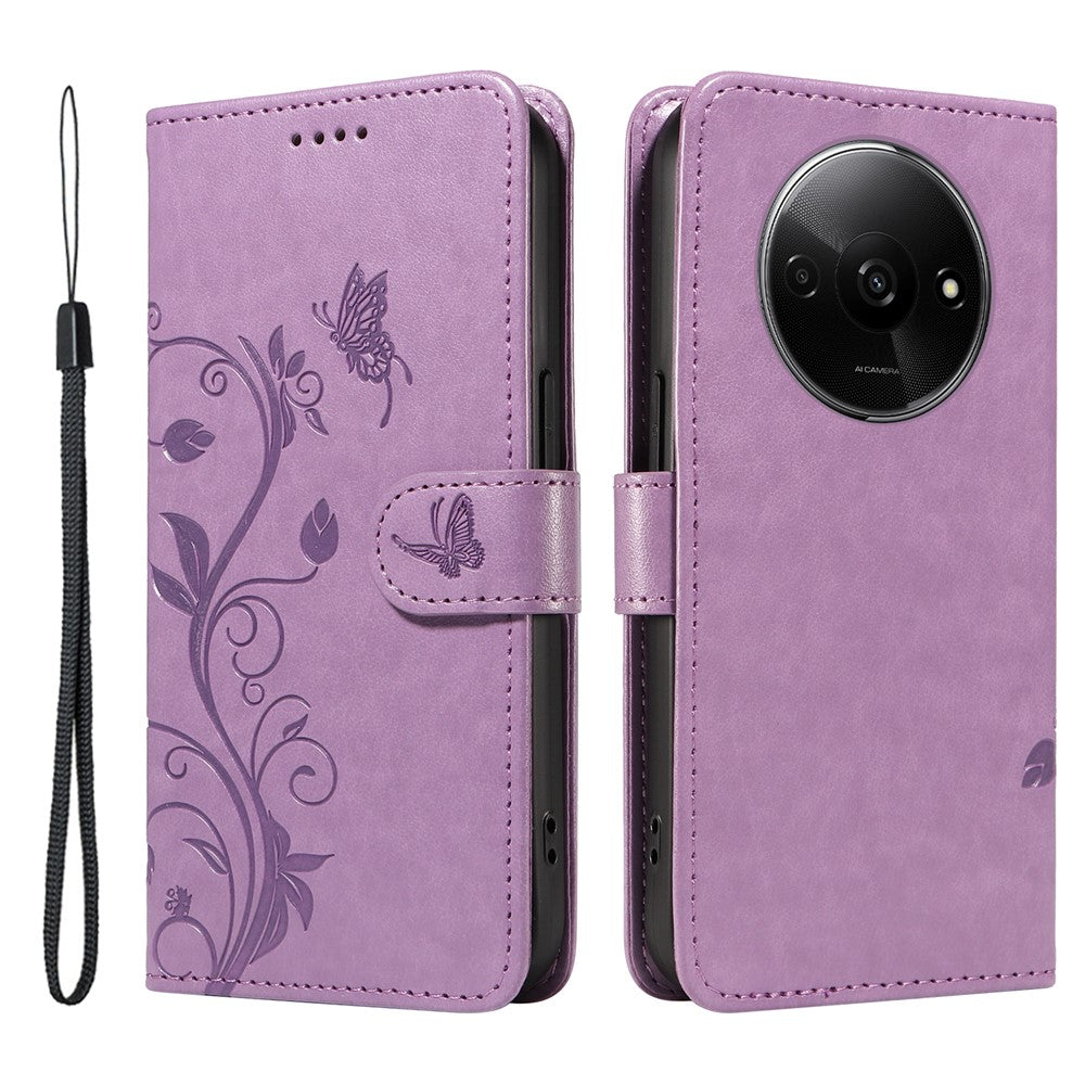 For Xiaomi Redmi A3 / Poco C61 4G PU Leather Cases Flower Pattern Wallet Stand Phone Cover with Strap