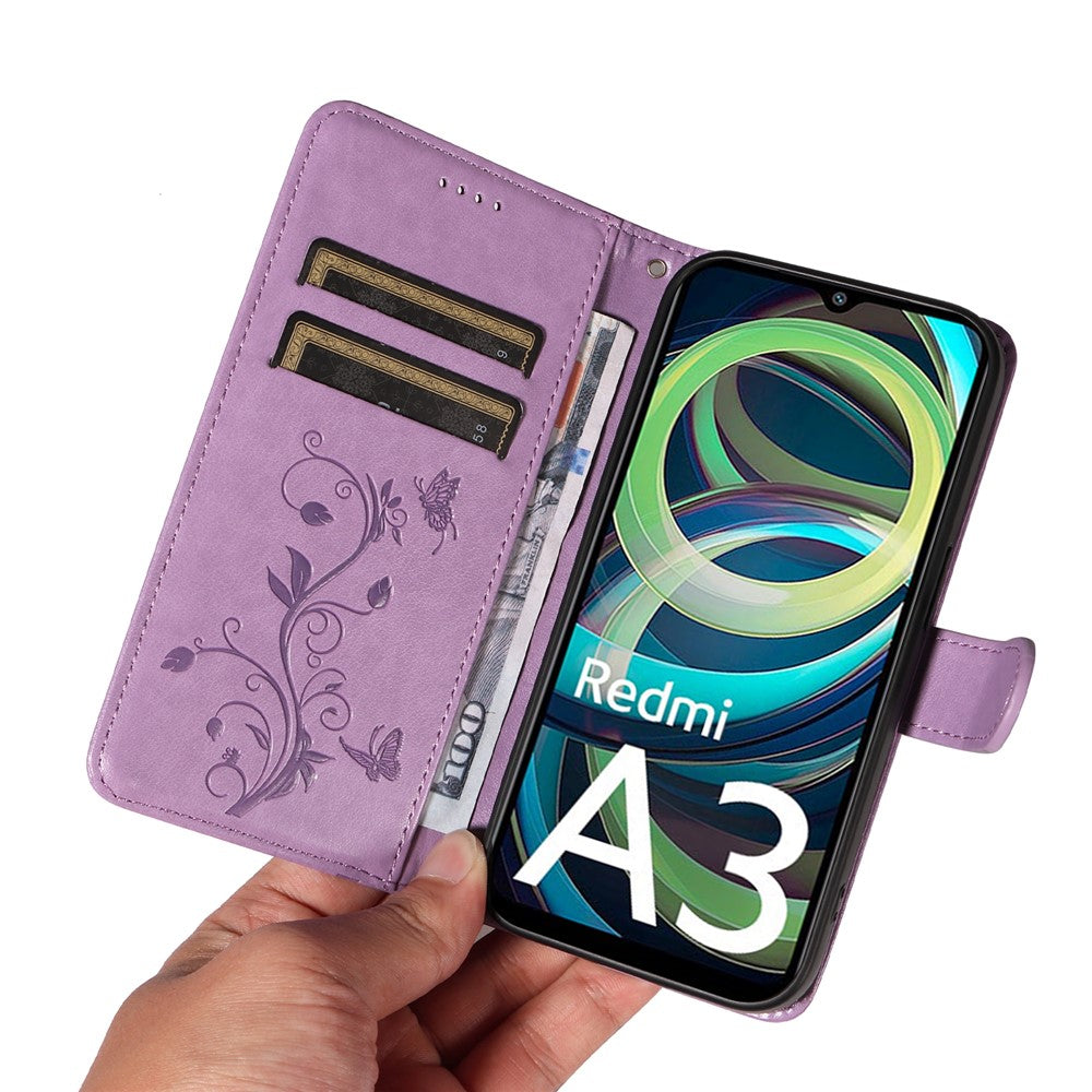 For Xiaomi Redmi A3 / Poco C61 4G PU Leather Cases Flower Pattern Wallet Stand Phone Cover with Strap