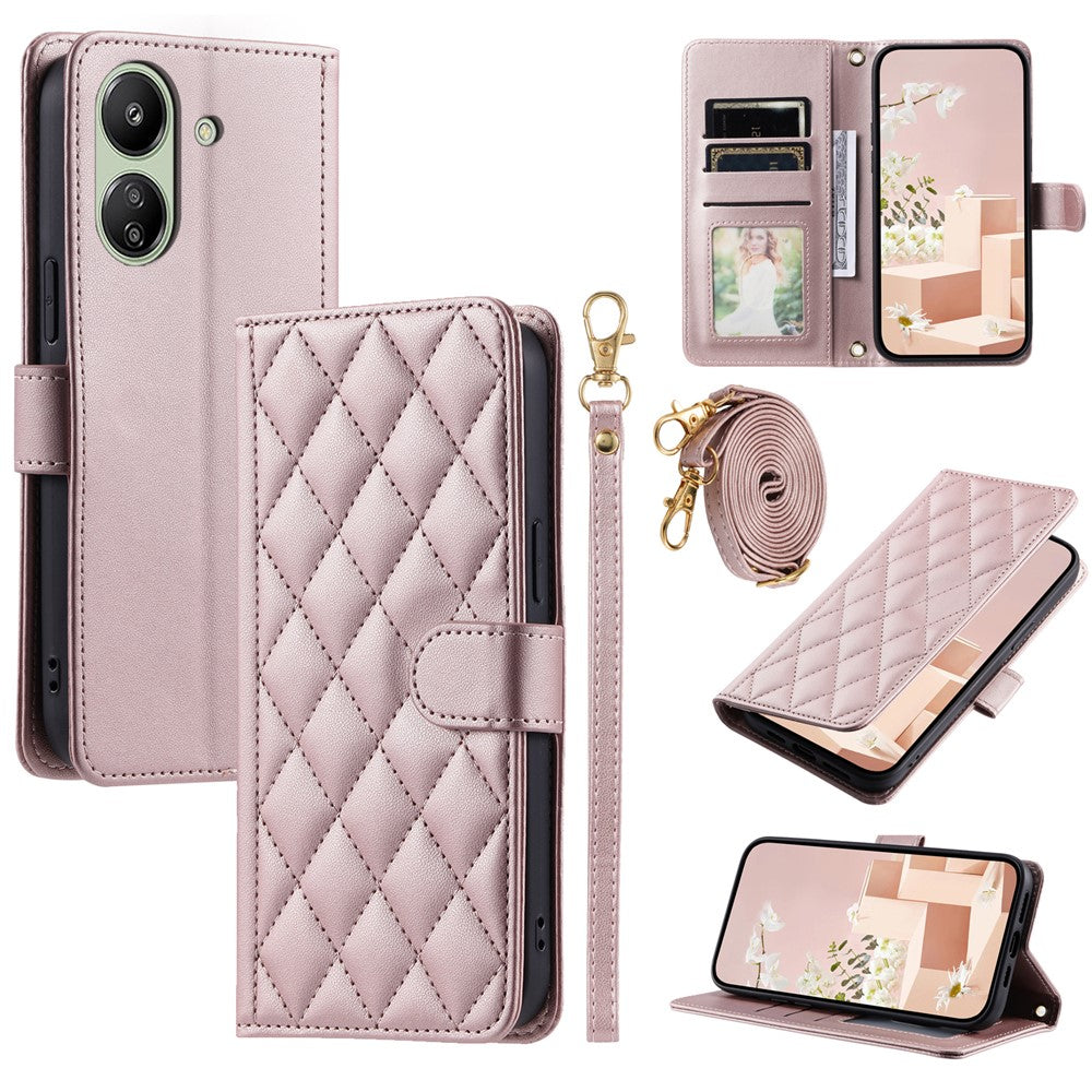 For Xiaomi Redmi 13C 4G / Poco C65 4G Case Wallet Rhombus Grid Pattern Phone Cover with Hand Strap