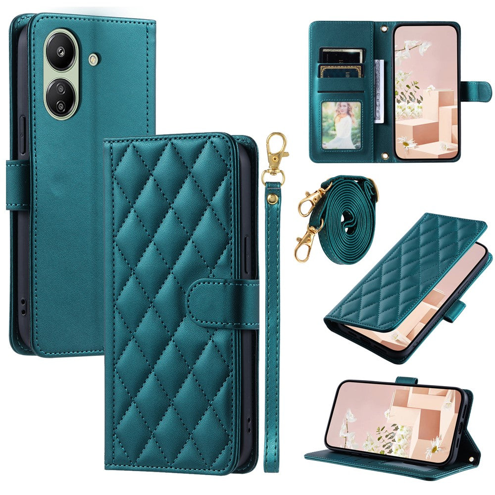For Xiaomi Redmi 13C 4G / Poco C65 4G Case Wallet Rhombus Grid Pattern Phone Cover with Hand Strap