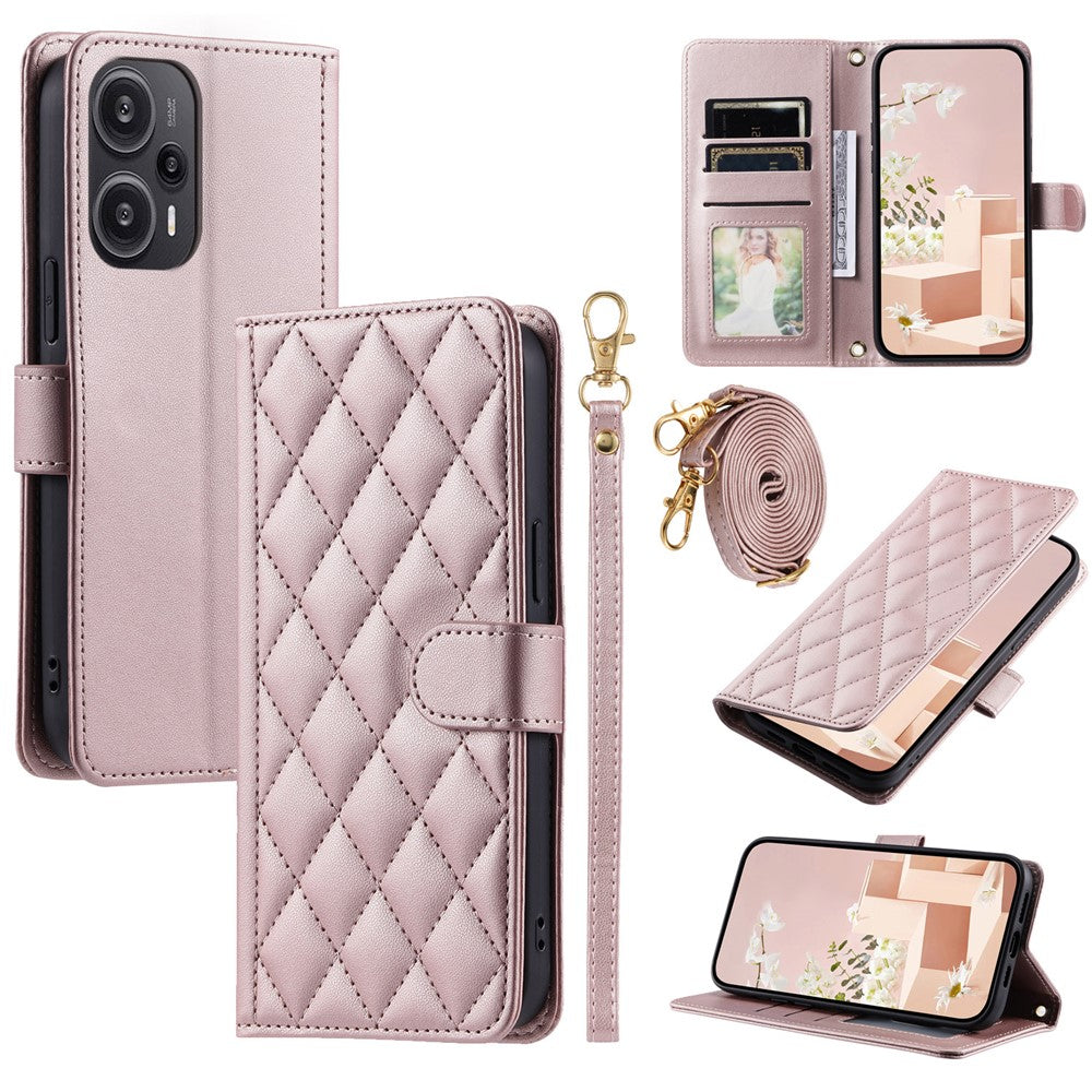 For Xiaomi Poco F5 5G / Redmi Note 12 Turbo Magnetic Case Rhombus Grid Leather Cover with Wrist Strap
