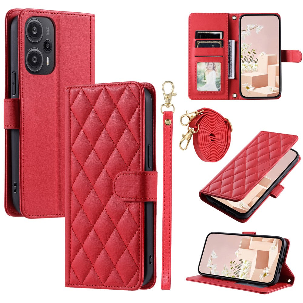 For Xiaomi Poco F5 5G / Redmi Note 12 Turbo Magnetic Case Rhombus Grid Leather Cover with Wrist Strap