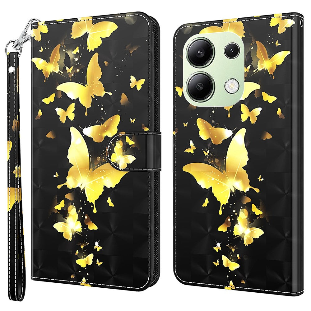 Xiaomi Redmi Note 13 4G mobilskal 3D-mönstertryck Läderflipfodral med Handrem