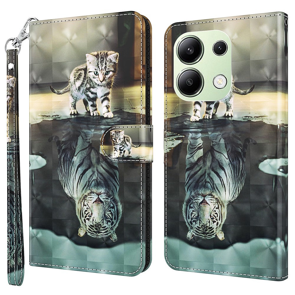 Xiaomi Redmi Note 13 4G mobilskal 3D-mönstertryck Läderflipfodral med Handrem