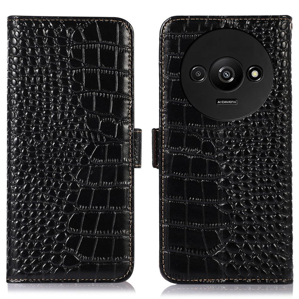 For Xiaomi Redmi A3 / Poco C61 4G Case Genuine Cow Leather Wallet Phone Cover Crocodile Texture