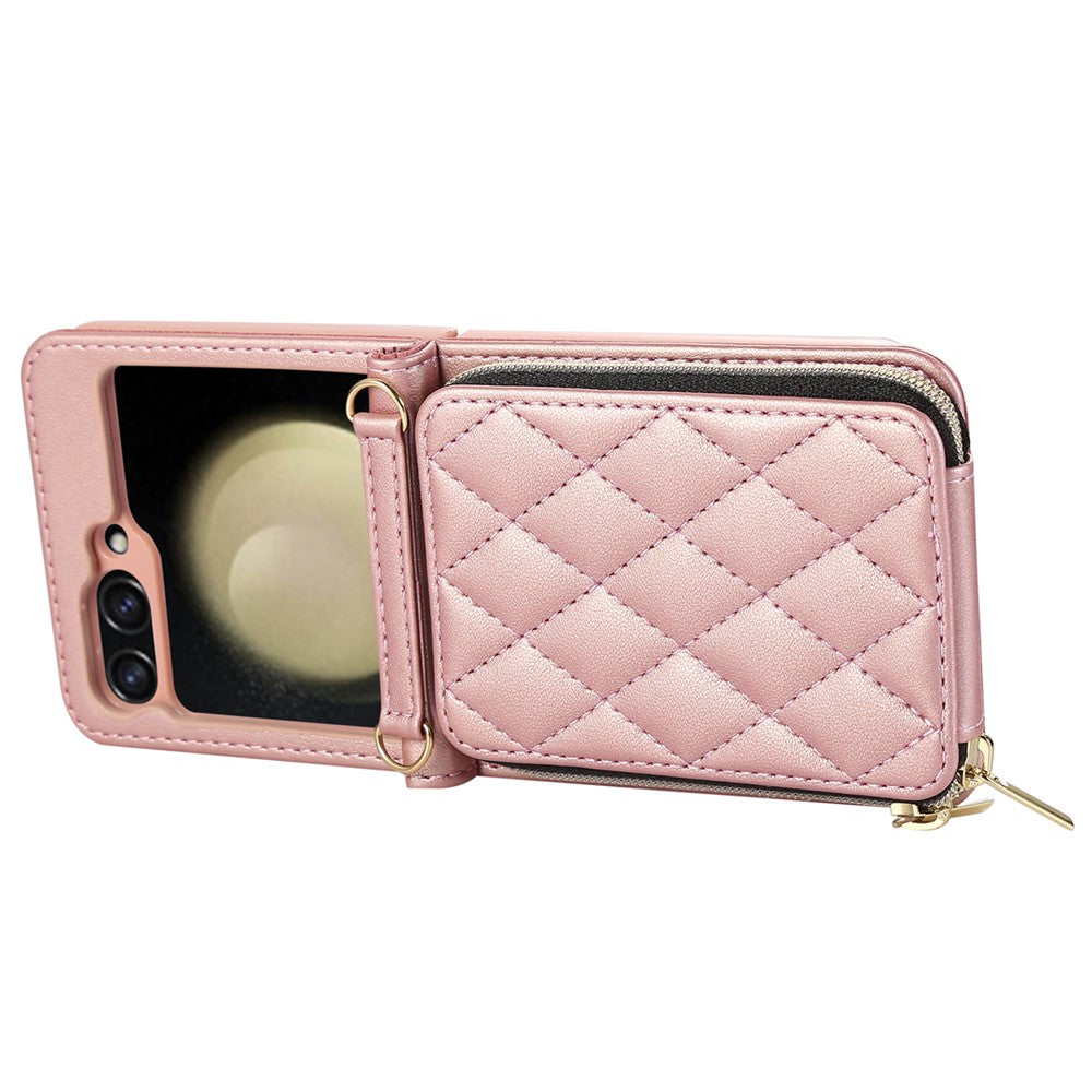 For Samsung Galaxy Z Flip5 5G Case Leather+PC Zipper Phone Cover with Wrist Strap